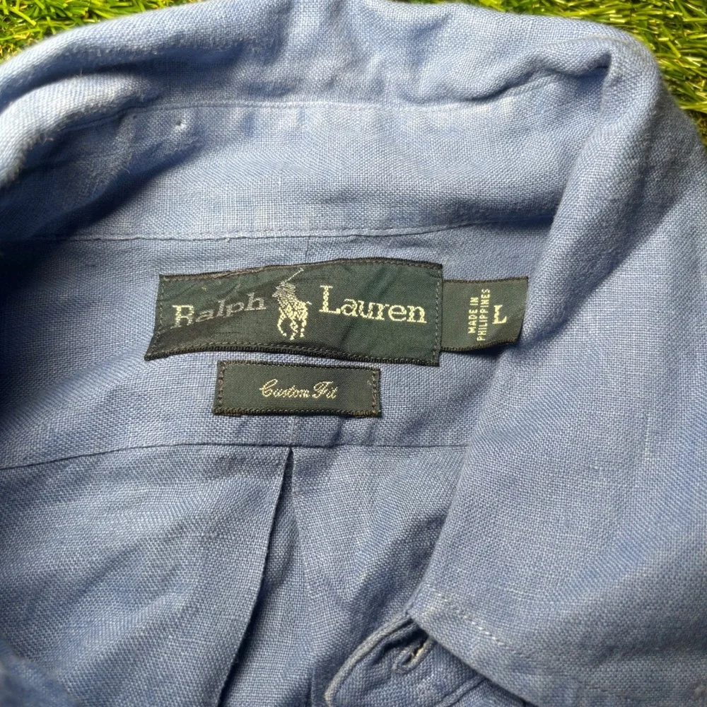 Polo Ralph Lauren Mens Blue 100% Linen Custom Fit Long Sleeve Shirt Large Logo